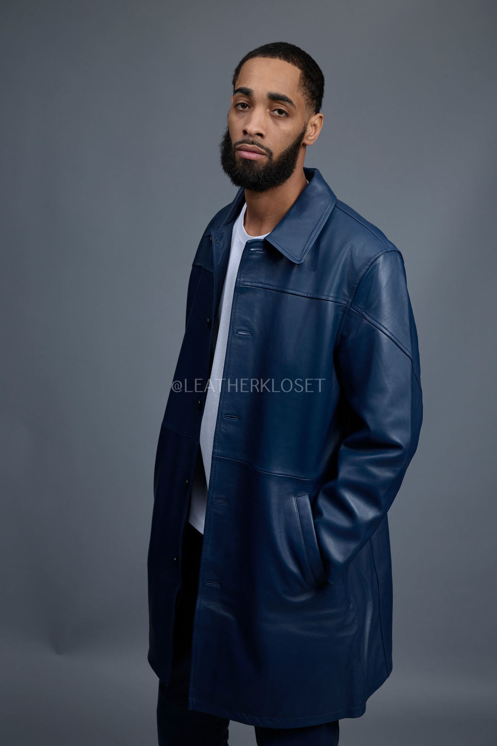 Men's Leather Single Breast Car Coat [Navy]