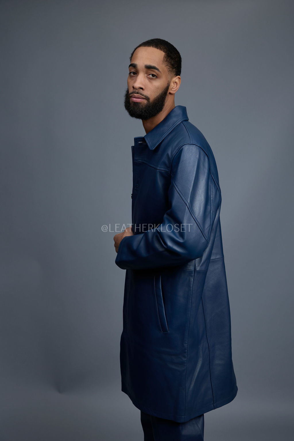 Men's Leather Single Breast Car Coat [Navy]