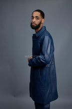 Men's Leather Single Breast Car Coat [Navy]