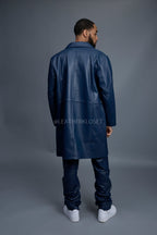 Men's Leather Single Breast Car Coat [Navy]