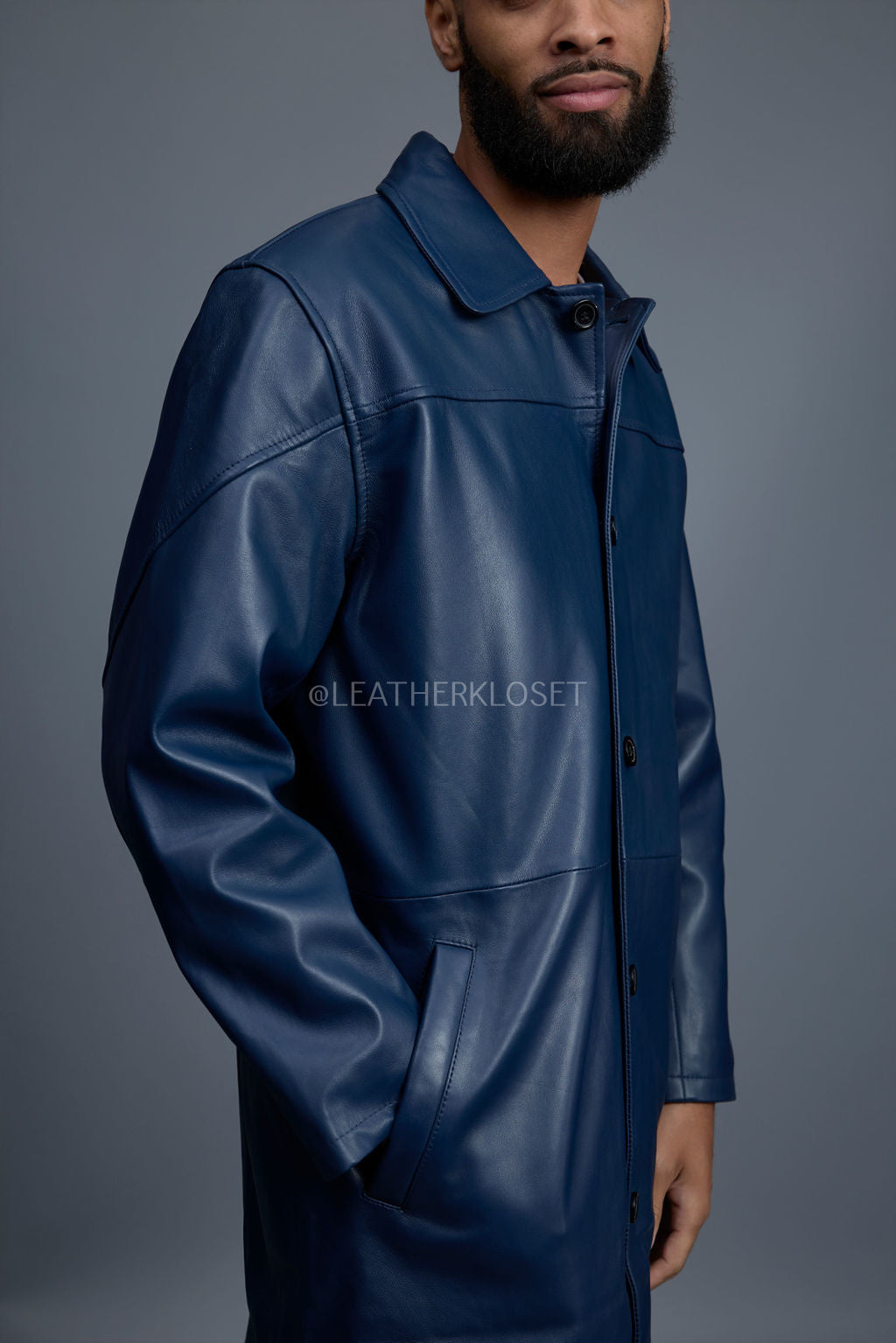 Men's Leather Single Breast Car Coat [Navy]