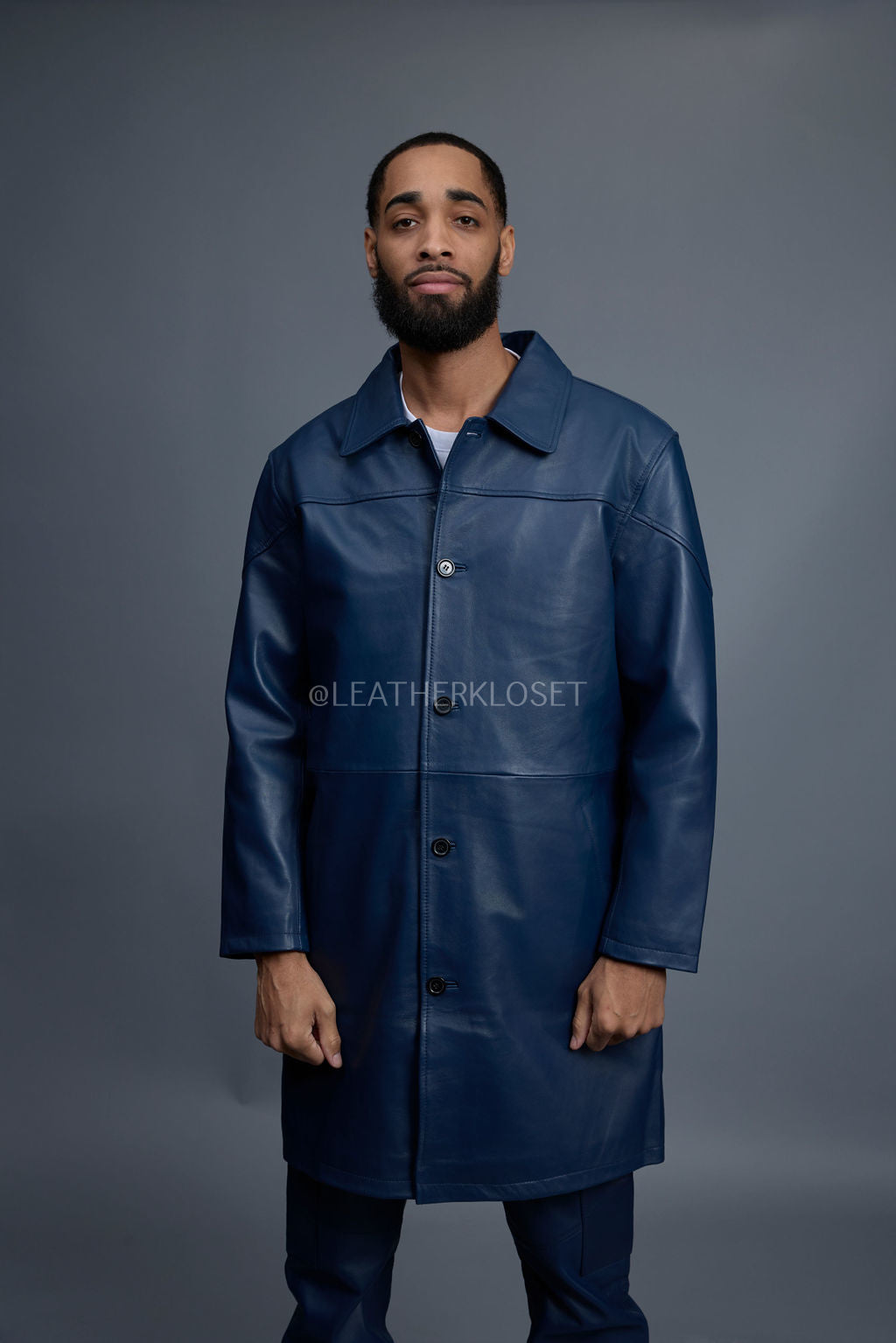 Men's Leather Single Breast Car Coat [Navy]
