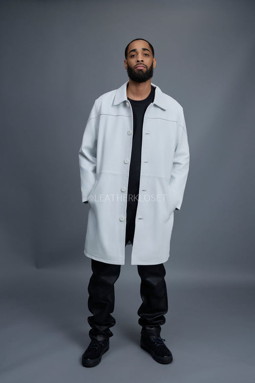 Men's Leather Single Breast Car Coat [White]