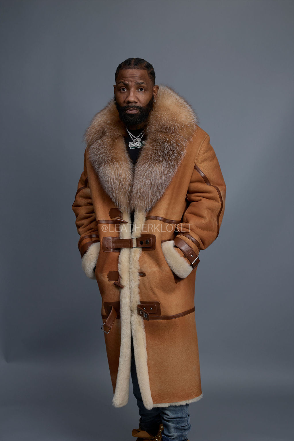 Men's Shearling Trench Coat With Fox [Distressed]