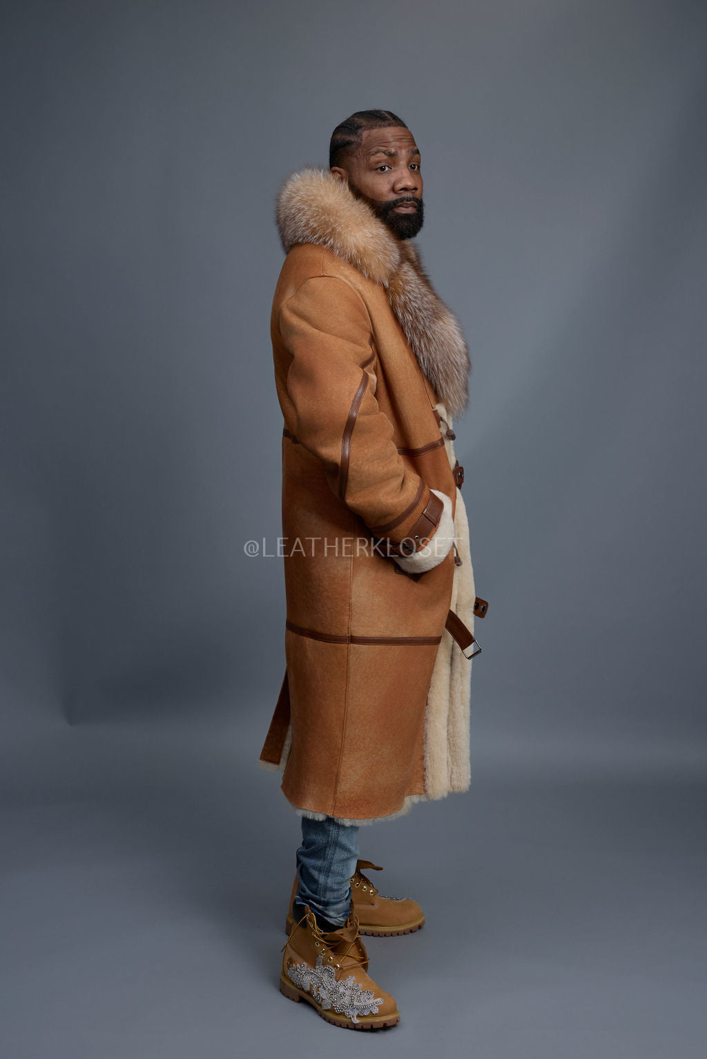 Men's Shearling Trench Coat With Fox [Distressed]