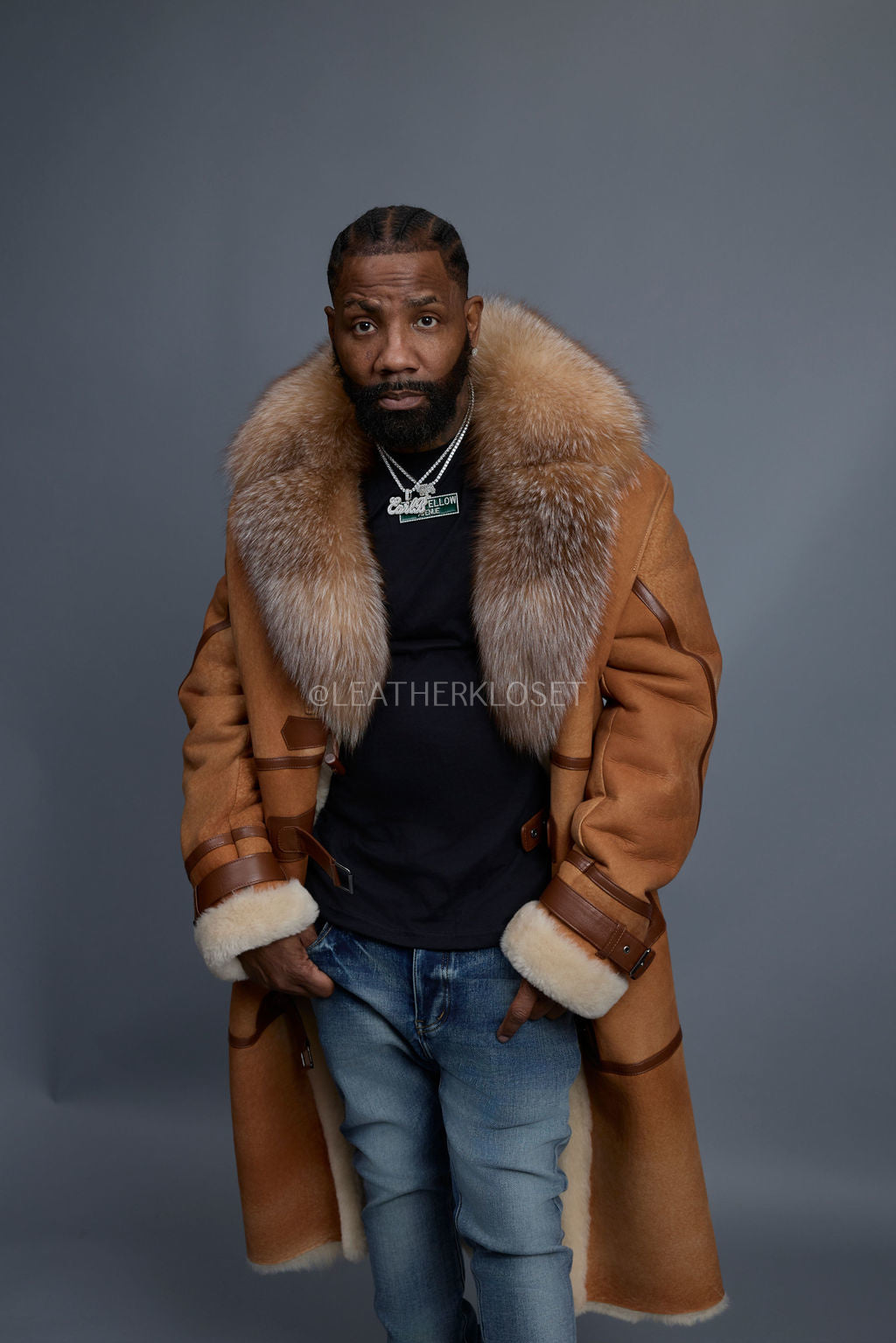Men's Shearling Trench Coat With Fox [Distressed]