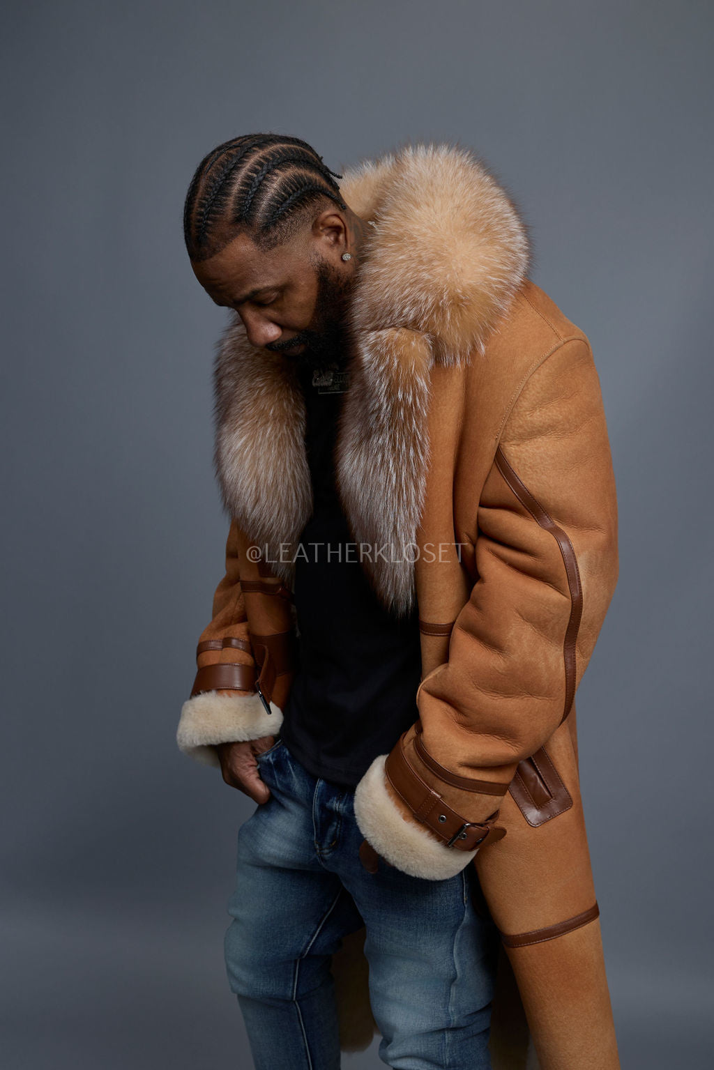 Men's Shearling Trench Coat With Fox [Distressed]