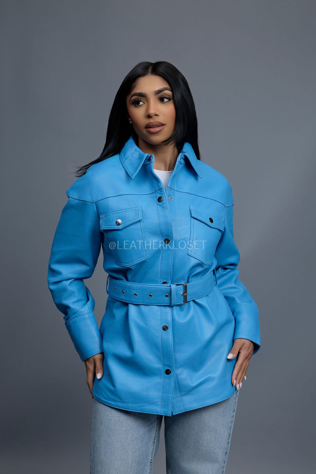Women's Leather Shirt [Baby Blue]