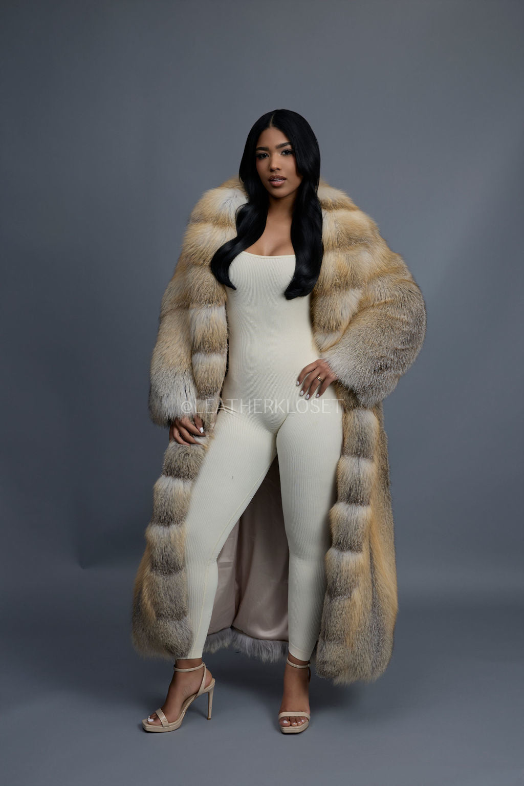 Women's Riri Long Length Fox Fur Trench Coat [Gold]