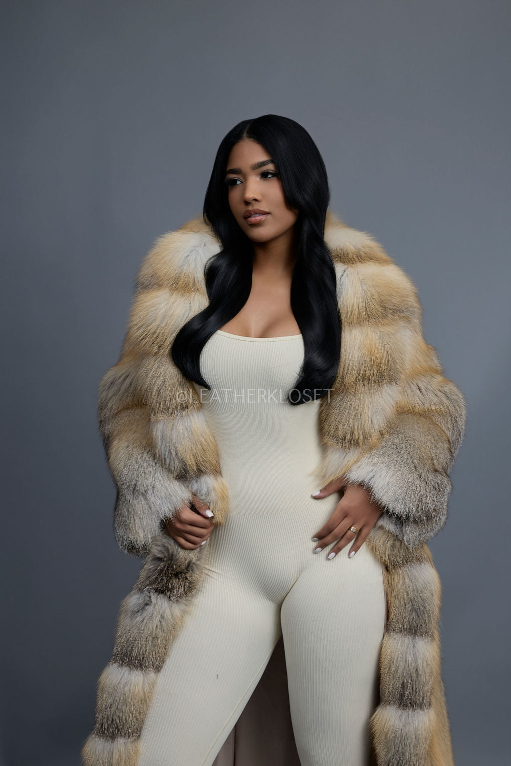 Women's Riri Long Length Fox Fur Trench Coat [Gold]