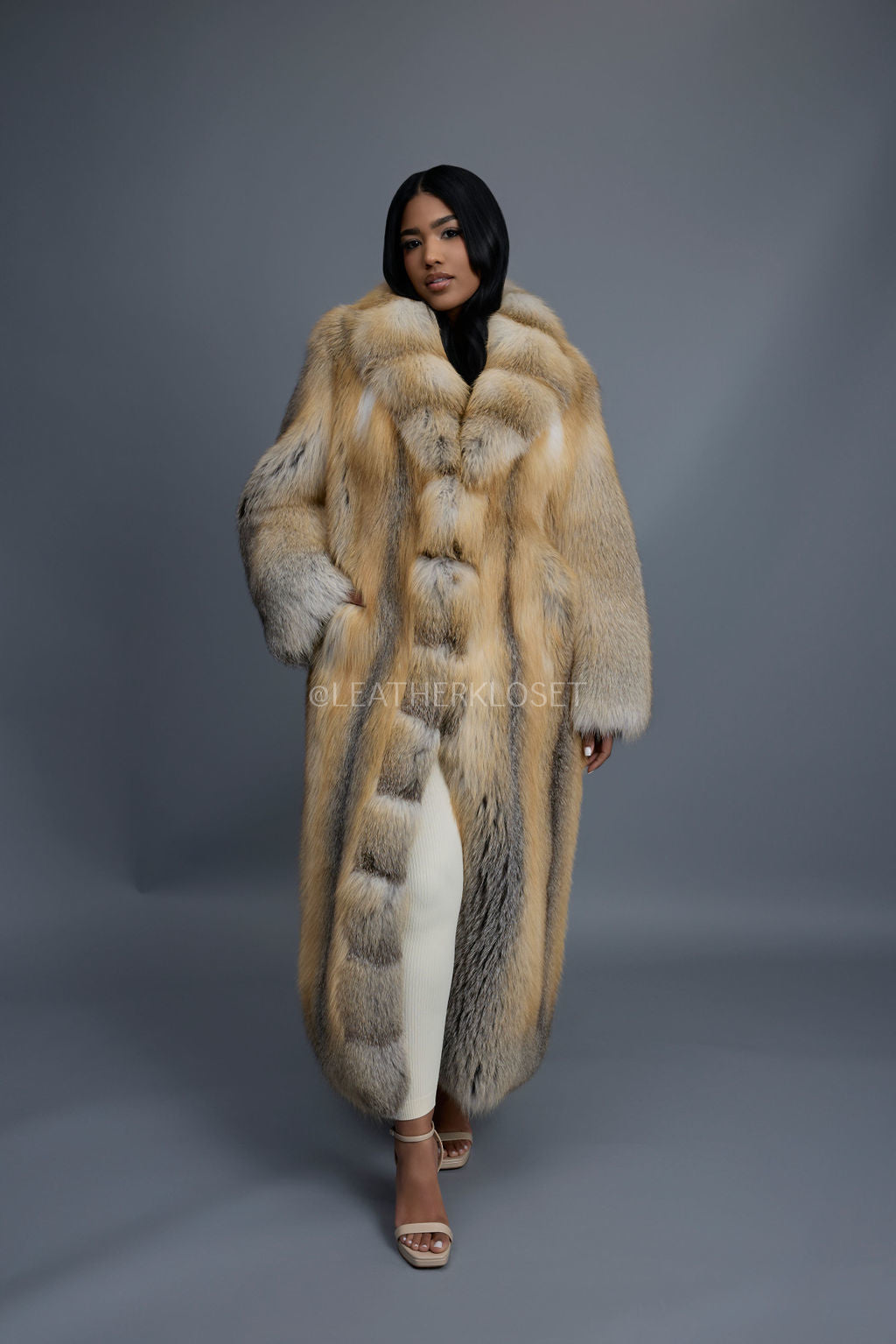 Women's Riri Long Length Fox Fur Trench Coat [Gold]