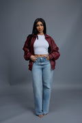 Women's Faris Braided Leather Bomber Jacket [Burgundy]