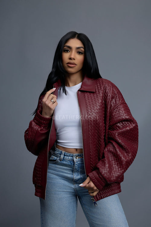 Women's Faris Braided Leather Bomber Jacket [Burgundy]