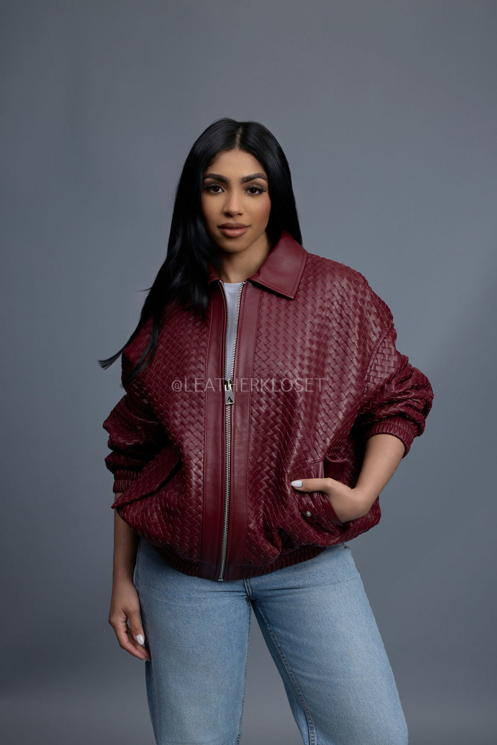 Women's Faris Braided Leather Bomber Jacket [Burgundy]