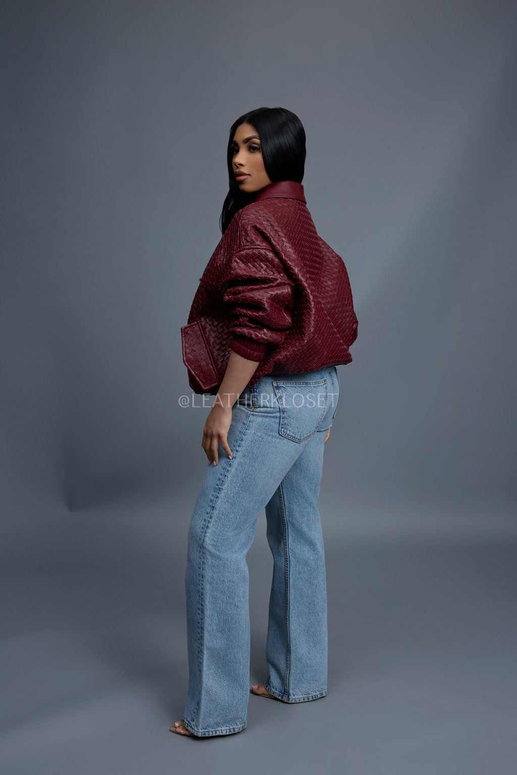 Women's Faris Braided Leather Bomber Jacket [Burgundy]