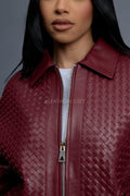 Women's Faris Braided Leather Bomber Jacket [Burgundy]