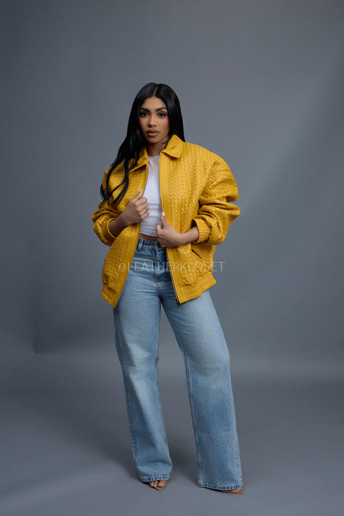 Women's Faris Braided Leather Bomber Jacket [Yellow]