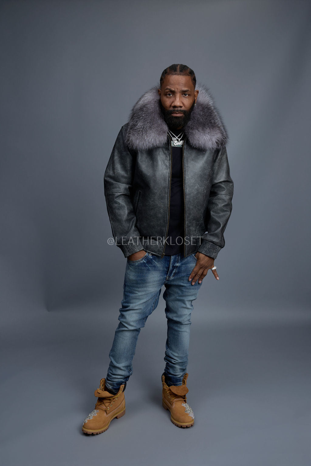 Men's Classic Baseball Leather Jacket With Fox Collar [Distressed Grey]