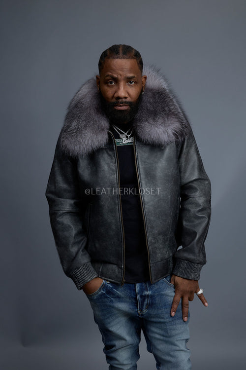 Men's Classic Baseball Leather Jacket With Fox Collar [Distressed Grey]