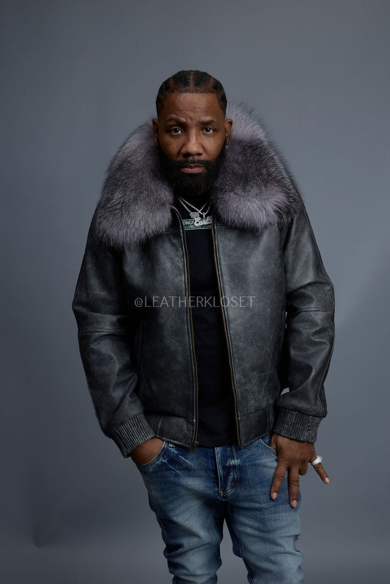 Men's Classic Baseball Leather Jacket With Fox Collar [Distressed Grey]