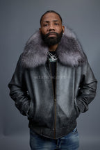 Men's Classic Baseball Leather Jacket With Fox Collar [Distressed Grey]