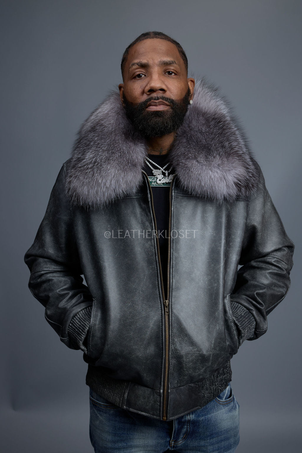 Men's Classic Baseball Leather Jacket With Fox Collar [Distressed Grey]