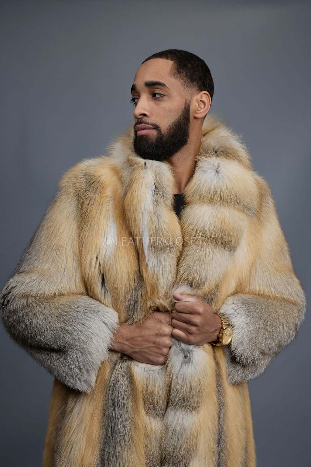 Men's Long Gold Fox Trench Coat