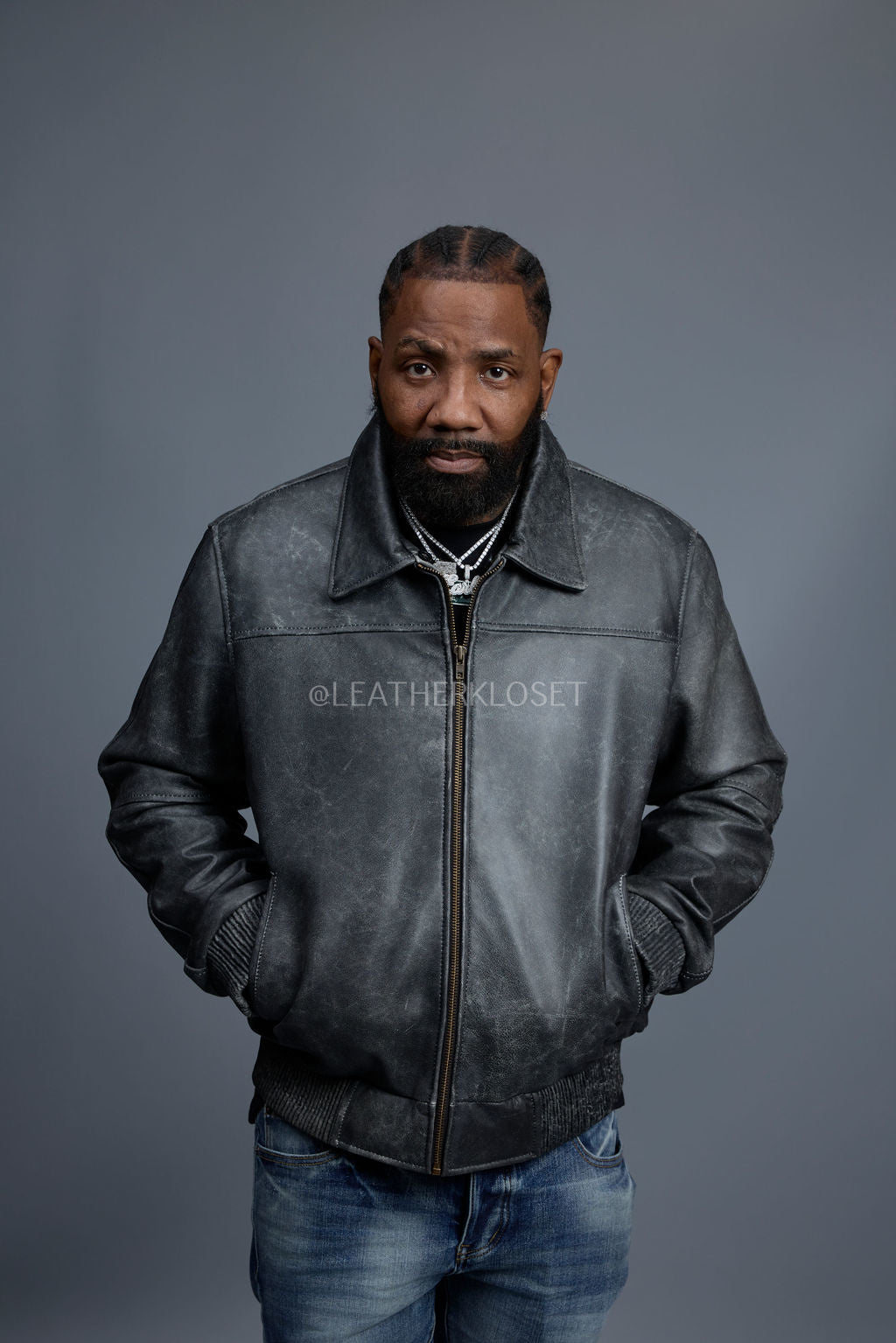 Men's Classic Baseball Leather Jacket With Collar [Distressed Grey]