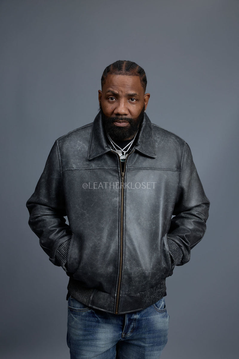 Men's Classic Baseball Leather Jacket With Collar [Distressed Grey]