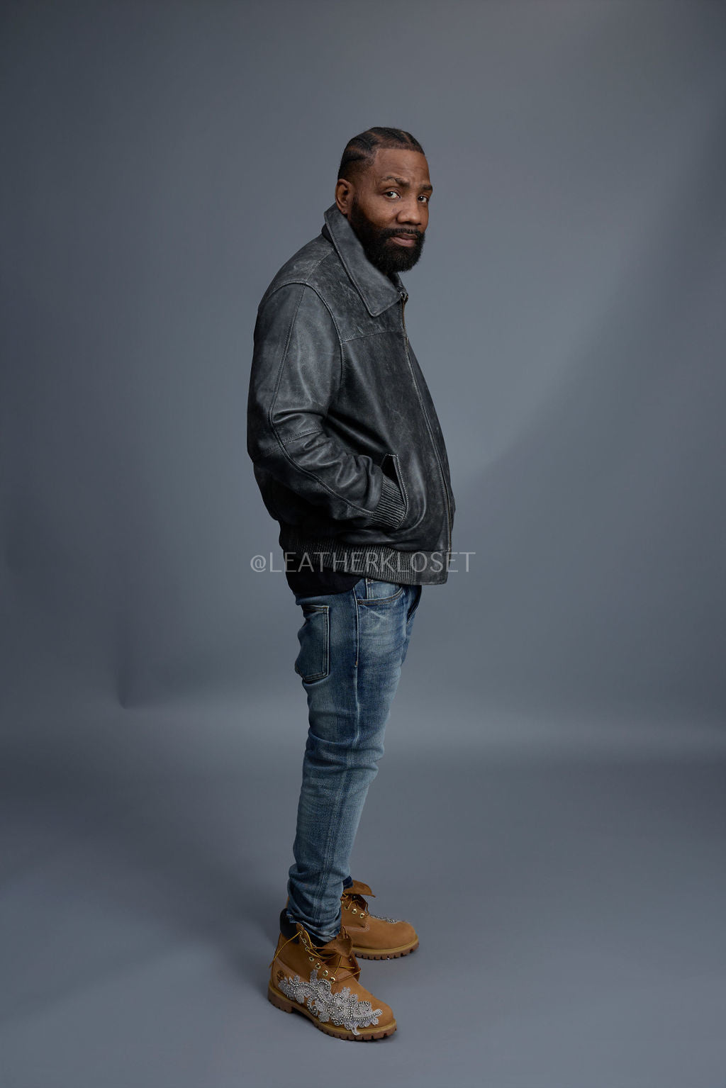 Men's Classic Baseball Leather Jacket With Collar [Distressed Grey]
