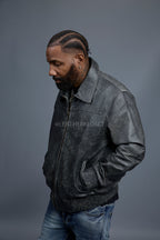 Men's Classic Baseball Leather Jacket With Collar [Distressed Grey]