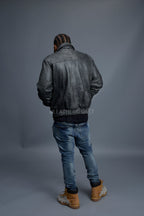 Men's Classic Baseball Leather Jacket With Collar [Distressed Grey]