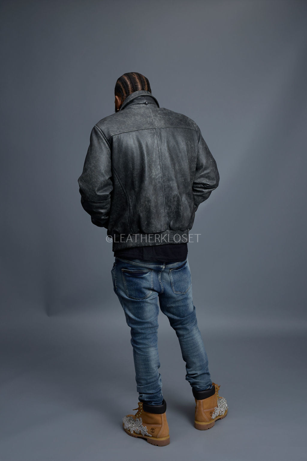 Men's Classic Baseball Leather Jacket With Collar [Distressed Grey]