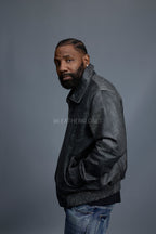 Men's Classic Baseball Leather Jacket With Collar [Distressed Grey]