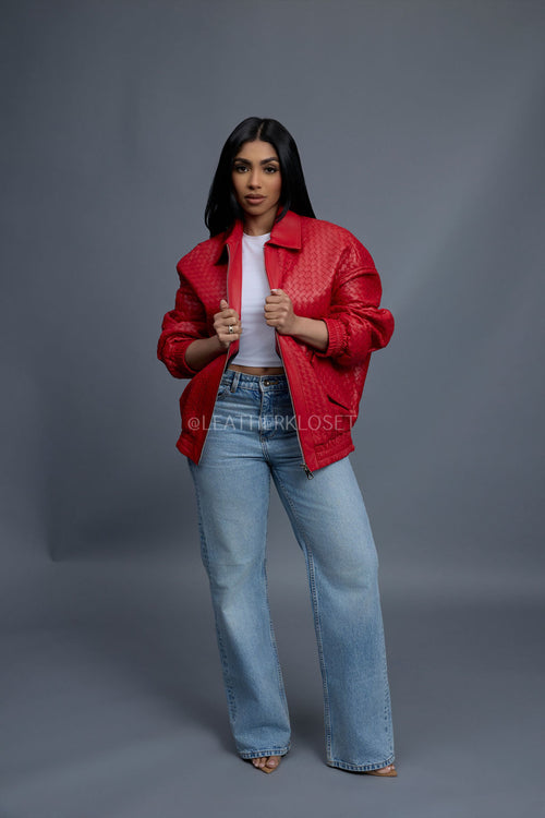 Women's Faris Braided Leather Bomber Jacket [Red]