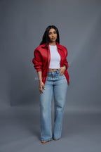 Women's Faris Braided Leather Bomber Jacket [Red]