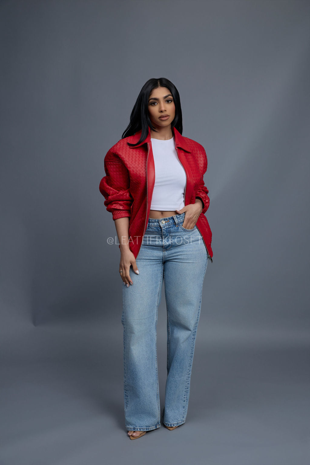 Women's Faris Braided Leather Bomber Jacket [Red]