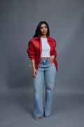 Women's Faris Braided Leather Bomber Jacket [Red]
