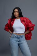 Women's Faris Braided Leather Bomber Jacket [Red]