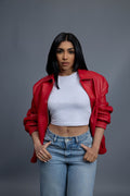 Women's Faris Braided Leather Bomber Jacket [Red]
