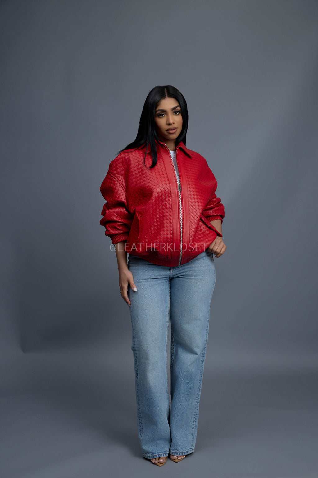 Women's Faris Braided Leather Bomber Jacket [Red]
