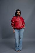 Women's Faris Braided Leather Bomber Jacket [Red]