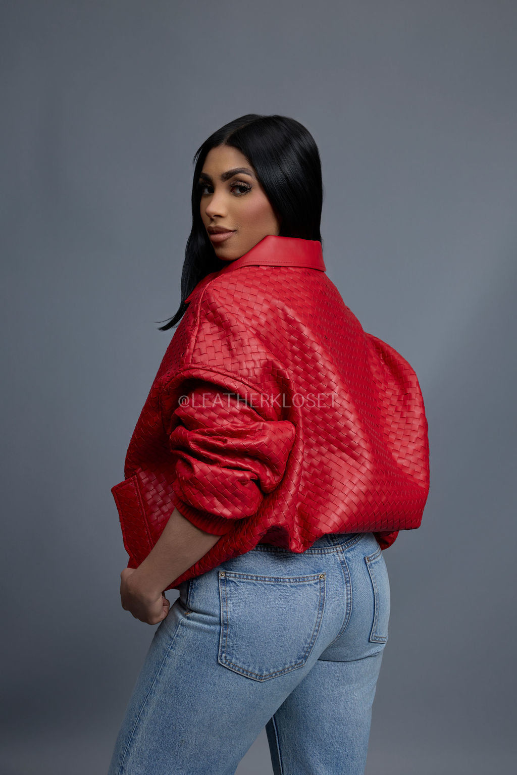 Women's Faris Braided Leather Bomber Jacket [Red]