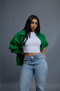Women's Faris Braided Leather Bomber Jacket [Green]