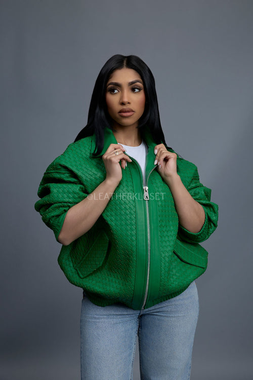 Women's Faris Braided Leather Bomber Jacket [Green]
