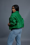 Women's Faris Braided Leather Bomber Jacket [Green]