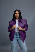 Women's Faris Braided Leather Bomber Jacket [Purple]