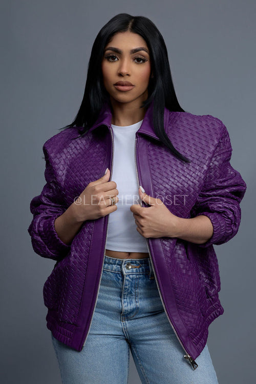 Women's Faris Braided Leather Bomber Jacket [Purple]