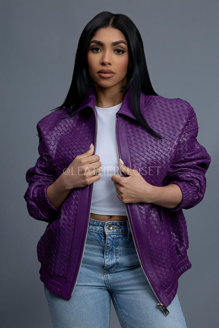 Women's Faris Braided Leather Bomber Jacket [Purple]