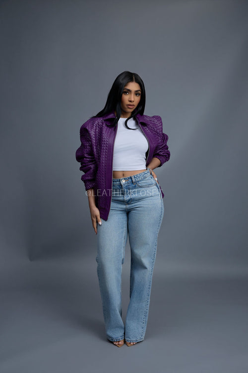 Women's Faris Braided Leather Bomber Jacket [Purple]